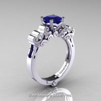 Classic Armenian 14K White Gold 1.0 Ct Princess Blue Sapphire Diamond Solitaire Wedding Ring R608-14KWGDBS-1