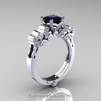 Classic Armenian 14K White Gold 1.0 Ct Princess Black and White Diamond Solitaire Wedding Ring R608-14KWGDBD-1