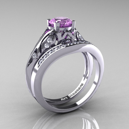 Classic Armenian 14K White Gold 1.0 Ct Lilac Amethyst Diamond Engagement Ring Wedding Band Set R477S-14KWGDLAM-1