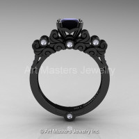 Classic Armenian 14K Black Gold 1.0 Ct Black and White Diamond Solitaire Wedding Ring R608-14KBGDBD-1
