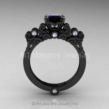 Classic Armenian 14K Black Gold 1.0 Ct Black and White Diamond Solitaire Wedding Ring R608-14KBGDBD-1