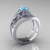 Classic Armenian 14K White Gold 1.0 Ct Swiss Blue Topaz Diamond Engagement Ring Wedding Band Set R477S-14KWGDSBT-1
