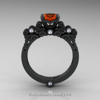 Classic Armenian 14K Matte Black Gold 1.0 Ct Orange Sapphire Diamond Solitaire Wedding Ring R608-14KMBGDOS-1