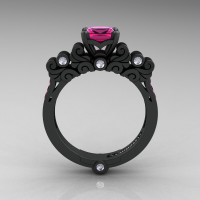 Classic Armenian 14K Matte Black Gold 1.0 Ct Pink Sapphire Diamond Solitaire Wedding Ring R608-14KMBGDPS-1