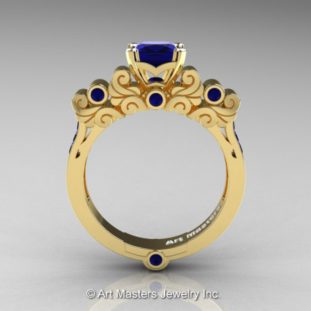 Classic Armenian 18K Yellow Gold 1.0 Ct Princess Blue Sapphire Solitaire Wedding Ring R608-18KYGBS-1