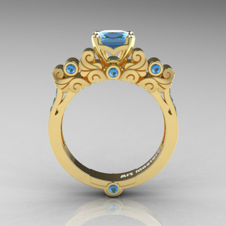 Classic Armenian 18K Yellow Gold 1.0 Ct Princess Swiss Blue Topaz Solitaire Wedding Ring R608-18KYGSBT-1