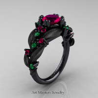 Nature Classic 14K Black Gold 1.0 Ct Rose Ruby Emerald Leaf and Vine Engagement Ring R340S-14KBGEMRR Perspective