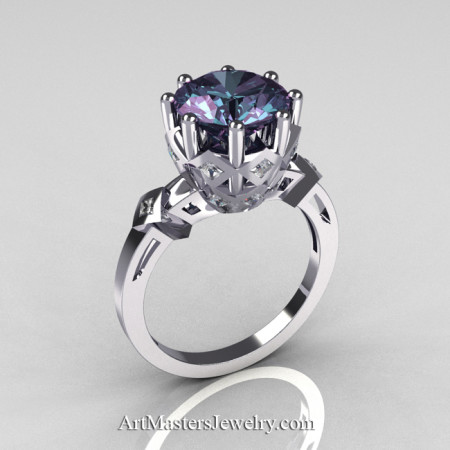 Classic Tatyana 14K White Gold 3.0 Ct Russian Alexandrite Princess CZ Solitaire Wedding Ring R303-14WGCZAL