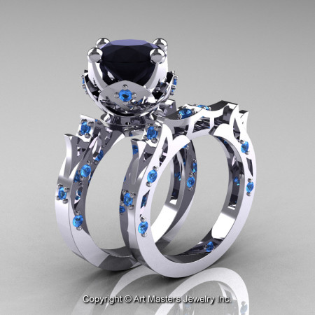 Modern-Antique-White-Gold-Black-Diamond-Blue-Topaz-Solitaire-Wedding-Ring-Bridal-Set-R214S-WGBTBD-P