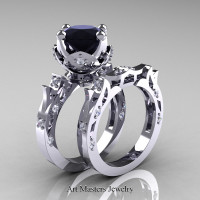 Modern Antique 14K White Gold 3.0 Carat Black and White Diamond Solitaire Wedding Ring Set R214S-14KWGDBD - Perspective