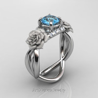 Nature Inspired 14K White Gold 1.0 Ct Blue Topaz Diamond Rose Vine Engagement Ring R294-14KWGDBT