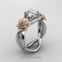 Nature Inspired 14K White Gold 1.0 Ct White Sapphire Diamond Rose Vine Engagement Ring R294-14KWRGDWS - Perspective