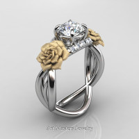 Nature Inspired 14K White Gold 1.0 Ct White Sapphire Diamond Rose Vine Engagement Ring R294-14KWYGDWS - Perspective