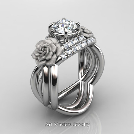 Nature-Inspired-14K-White-Gold-1-Ct-White-Sapphire-Diamond-Rose-Vine-Engagement-Ring-Wedding-Band-Set-R294S-14KWGDWS-P