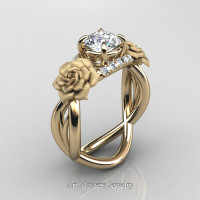 Nature Inspired 14K Yellow Gold 1.0 Ct White Sapphire Diamond Rose Vine Engagement Ring R294-14KYGDWS - Perspective