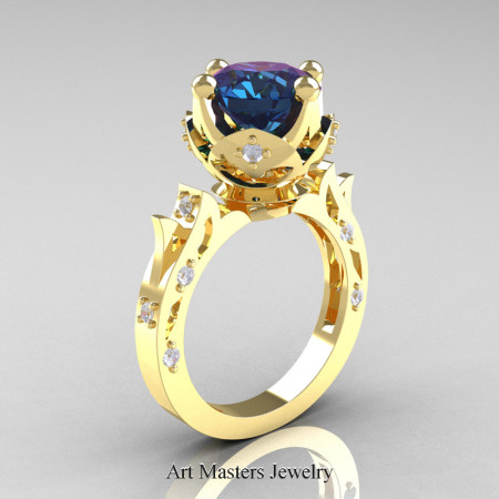 Modern-Antique-Yellow-Gold-Alexandrite-Diamond-Solitaire-Wedding-Ring-R214-YGDAL-P