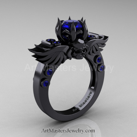 Art-Masters-Winged-Skull-14K-Black-Gold-1-Carat-Blue-Sapphire-Engagement-Ring-R613-14KBGBS-P