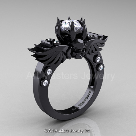 Art-Masters-Winged-Skull-14K-Black-Gold-1-Carat-White-Sapphire-Diamond-Engagement-Ring-R613-14KBGDWS-P