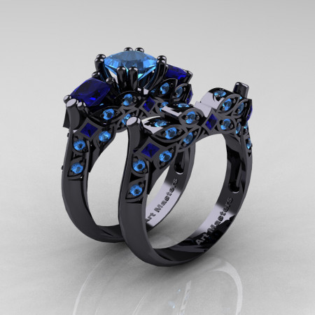 Classic-14K-Black-Gold-Three-Stone-Princess-Blue-Topaz-Blue-Sapphire-Solitaire-Ring-Wedding-Band-Set-R500S2-14KBGBTBS-P