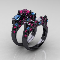 Designer Classic 14K Black Gold Three Stone Princess Pink Sapphire Blue Topaz Engagement Ring Wedding Band Set R500S-14KBGBTPS - Perspective