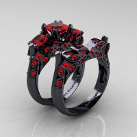 Designer Classic 14K Black Gold Three Stone Princess Rubies Engagement Ring Wedding Band Set R500S-14KBGR - Perspective