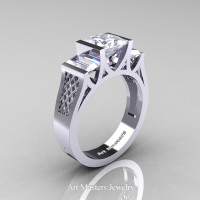Modern 14K White Gold 1.5 Carat Princess White Sapphire Engagement Ring R387-14KWGWS - Perspective