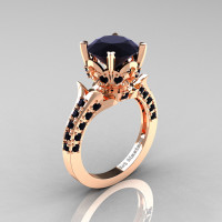 Classic French 14K Rose Gold 3.0 Carat Black Diamond Solitaire Wedding Ring R401-14KRGBD