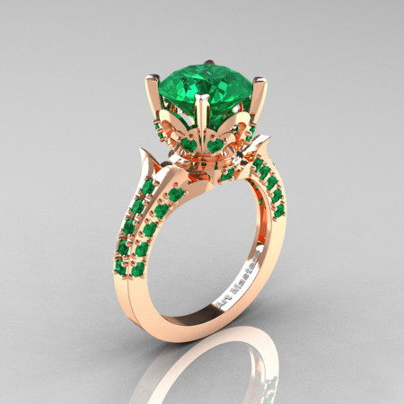 Classic French 14K Rose Gold 3.0 Carat Emerald Solitaire Wedding Ring R401-14KRGEM