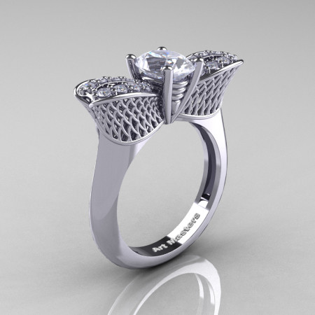 Nature Inspired 14K White Gold 1.0 Ct Oval White Sapphire Diamond Bee Wedding Ring R531-14KWGDWS