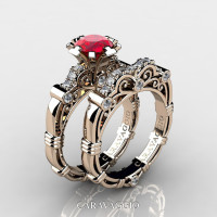 Art Masters Caravaggio 14K Rose Gold 1.0 Ct Ruby Diamond Engagement Ring Wedding Band Set R623S-14KRGDR