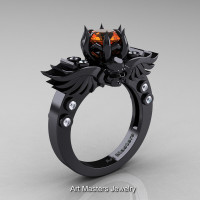 Art Masters Classic Winged Skull 14K Black Gold 1.0 Ct Orange Sapphire Diamond Solitaire Engagement Ring R613-14KBGDOS