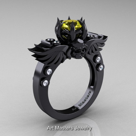 Art Masters Classic Winged Skull 14K Black Gold 1.0 Ct Yellow Sapphire Diamond Solitaire Engagement Ring R613-14KBGDYS