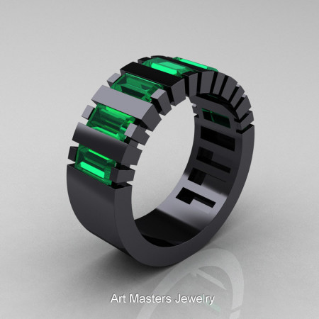 Mens Modern 14K Black Gold Baguette Emerald Cluster Tank Ring R395-14KBGEM