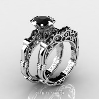 Art Masters Caravaggio 14K White Gold 1.0 Ct Black Diamond Engagement Ring Wedding Band Set R623S-14KWGBD
