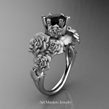 Nature Inspired 14K White Gold 1.0 Ct Black Diamond Rose Bouquet Leaf and Vine Engagement Ring R427-14KWGSBD