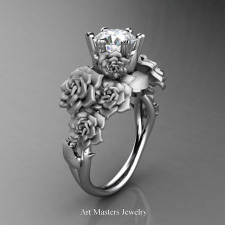 Nature Inspired 14K White Gold 1.0 Ct White Sapphire Rose Bouquet Leaf and Vine Engagement Ring R427-14KWGSWS
