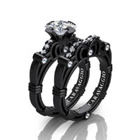 Art Masters Caravaggio 14K Black Gold 1.25 Ct Princess White Sapphire Diamond Engagement Ring Wedding Band Set R623PS-14KBGDWS