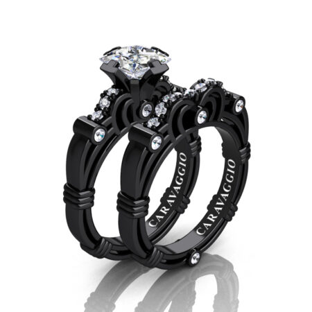 Art-Masters-Caravaggio-14K-Black-Gold-1-25-Carat-Princess-White-Sapphire-Diamond-Engagement-Ring-Wedding-Band-Set-R623PS-14KBGDWS-P