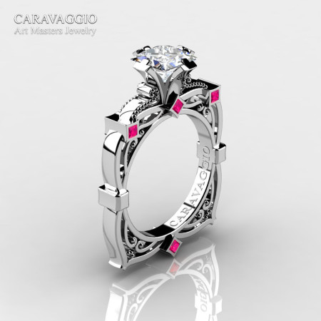 Art Masters Caravaggio 14K White Gold 1.5 Ct Princess White and Pink Sapphire Engagement Ring R630-14KWGPSWS