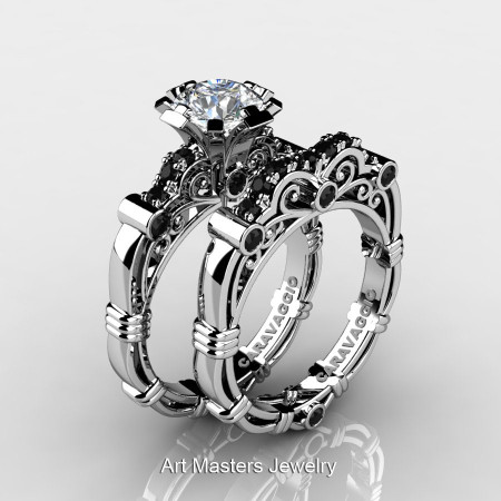 Art Masters Caravaggio 14K White Gold 1.0 Ct White Topaz Black Diamond Engagement Ring Wedding Band Set R623S-14KWGBDWT