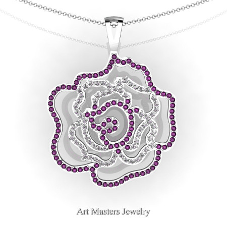 Classic 14K White Gold Lavender Amethyst Diamond Rose Promise Pendant and Necklace Chain P101M-14KWGDAM