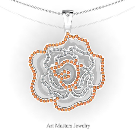 Classic 14K White Gold Orange Sapphire Diamond Rose Promise Pendant and Necklace Chain P101M-14KWGDOS