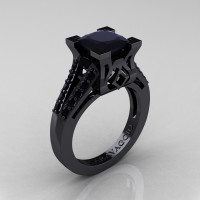 Caravaggio Classic 14K Black Gold 2.0 Ct Princess Black Diamond Cathedral Engagement Ring R488-14KBGBD