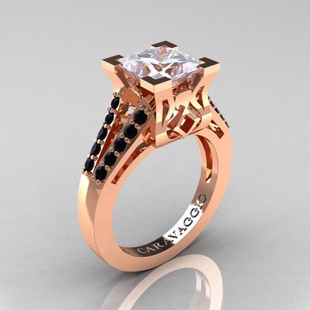 Caravaggio Classic 14K Rose Gold 2.0 Ct Princess White Sapphire Black Diamond Cathedral Engagement Ring R488-14KRGBDWS