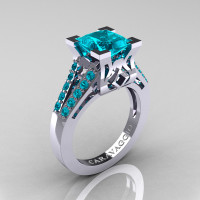 Caravaggio Classic 14K White Gold 2.0 Ct Princess Blue Zircon Cathedral Engagement Ring R488-14KWGBZ