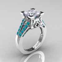 Caravaggio Classic 14K White Gold 2.0 Ct Princess White Sapphire Blue Zircon Cathedral Engagement Ring R488-14KWGBZWS
