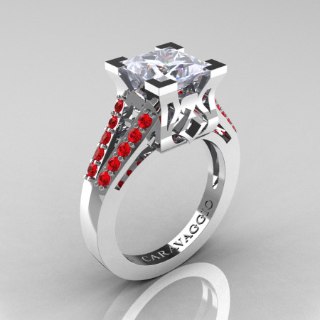 Caravaggio Classic 14K White Gold 2.0 Ct Princess White Sapphire Ruby Cathedral Engagement Ring R488-14KWGRWS