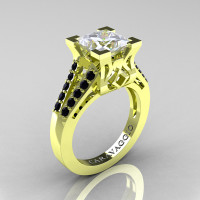 Caravaggio Classic 18K Green Gold 2.0 Ct Princess White Sapphire Black Diamond Cathedral Engagement Ring R488-18KGGBDWS