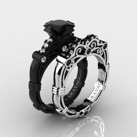 Art Masters Caravaggio 14K Black and White Gold 1.25 Ct Princess Black and White Diamond Engagement Ring Wedding Band Set R623PS-14KBWGDBD