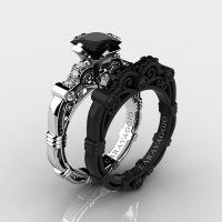 Art Masters Caravaggio 14K Black and White Gold 1.25 Ct Princess Black and White Diamond Engagement Ring Wedding Band Set R623PS2-14KWBGDBD